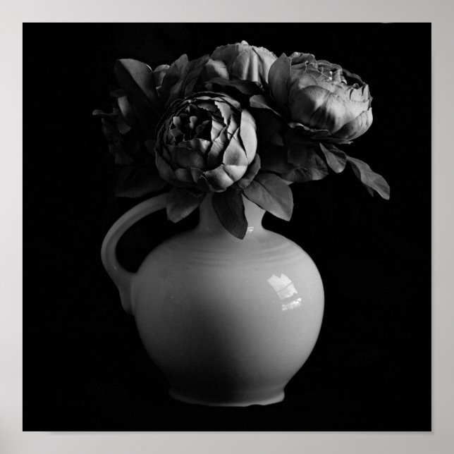 Vase and Peony Flowers Black and White Art Print (Front)