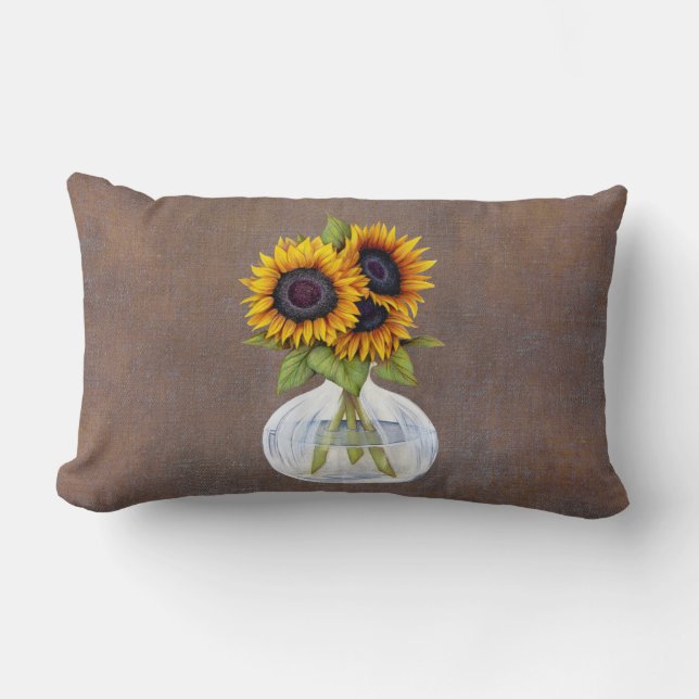 Vase Beautiful Sunflowers on Brown Rustic Lumbar Lumbar Cushion (Front)