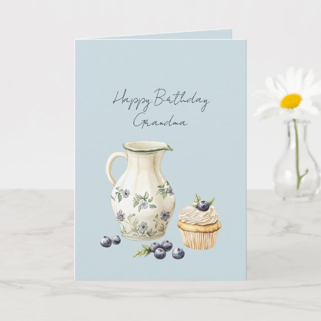 Vase Blueberries Cupcake Birthday Card (Small Plant)