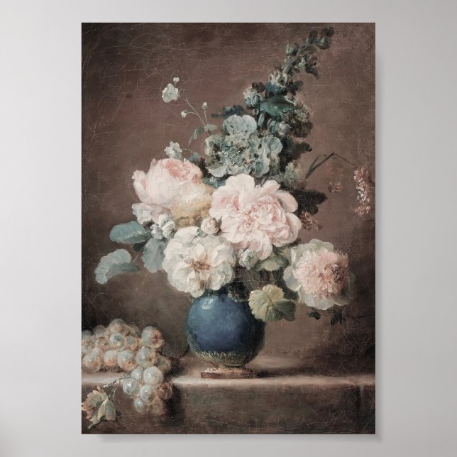 Vase of Flowers and Grapes on a Stone Ledge Poster (Front)
