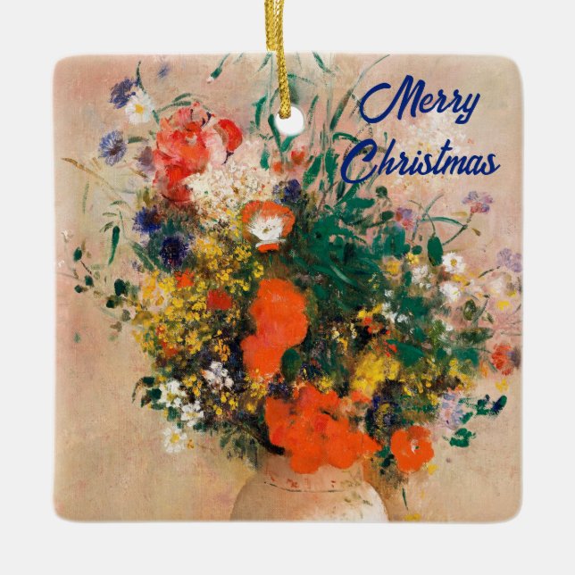 Vase of Flowers by Redon Merry Christmas Ceramic Ornament (Front)