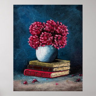 Vase of Flowers Pink Blue Books Reading Still Life Poster