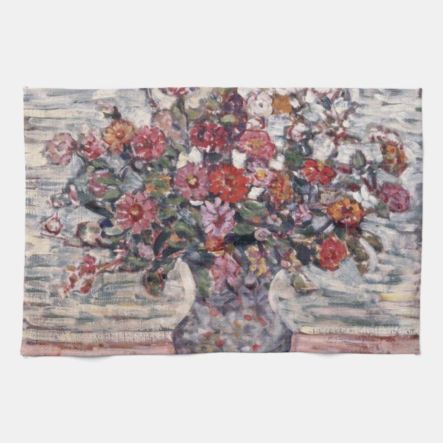 Vase of Flowers, Zinnias by Maurice Prendergast Tea Towel (Horizontal)