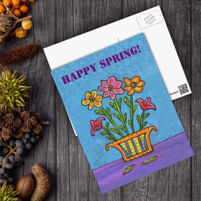 Vase of Happy Spring Flowers Postcard (Vase of Happy Spring flower with pink and orange flowers on blue and purple postcard.)