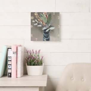 Vase of leaves minimalist art square wall clock