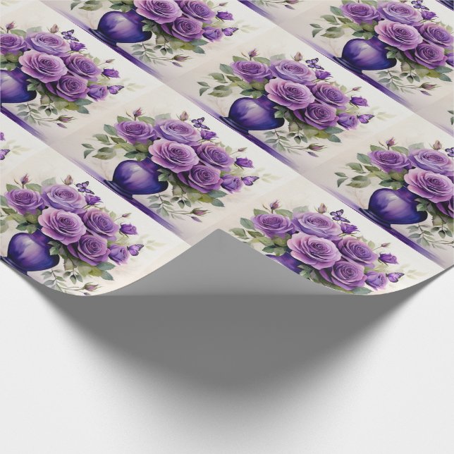Vase of Purple Roses with Butterflies Botanical Wrapping Paper (Corner)