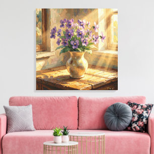 Vase of Purple Violets Impasto Canvas Print