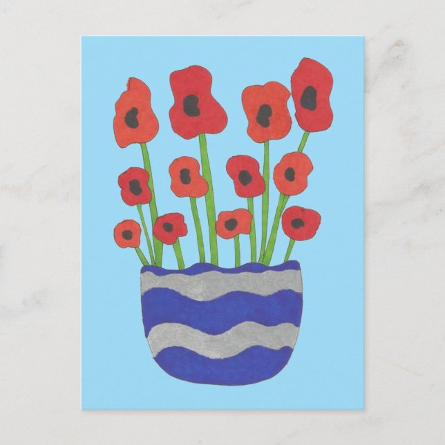 Vase of Red Poppies Contemporary Drawing Postcard (Front)