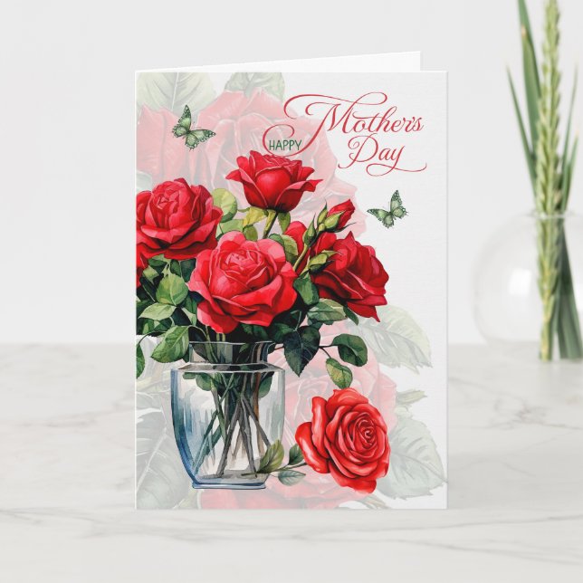 Vase of Red Roses and Butterflies Mother's Day Holiday Card (Front)