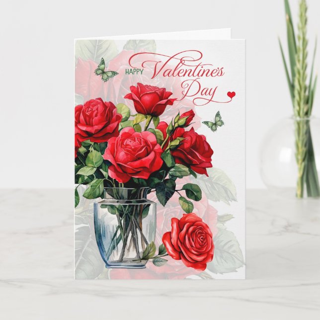 Vase of Red Roses and Butterflies Valentine's Day Holiday Card (Front)