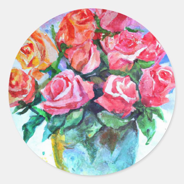 vase of roses in watercolor classic round sticker (Front)