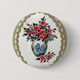 Vase of Roses with A Ribbon Frame 6 Cm Round Badge