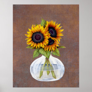 Vase of Sunflowers on Rustic Brown Poster