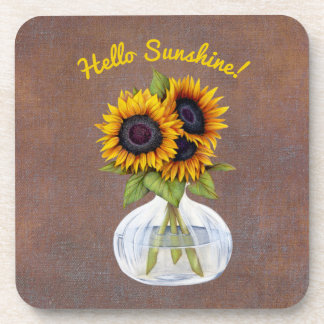 Vase of Three Beautiful Sunflowers on Brown Coaster