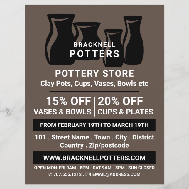 Vase Silhouettes, Pottery Store, Potters Advert Flyer (Front)