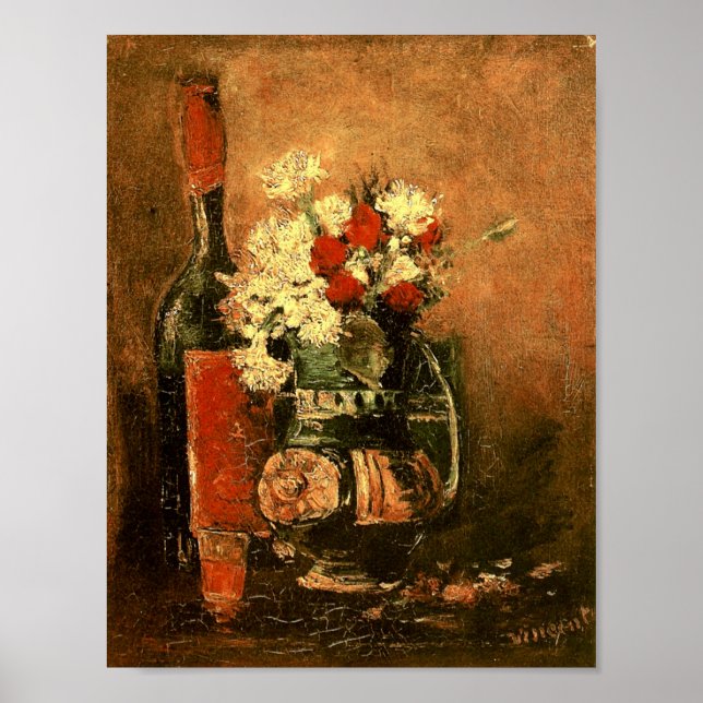 Vase with Carnations Roses & Bottle Van Gogh Fine Poster (Front)