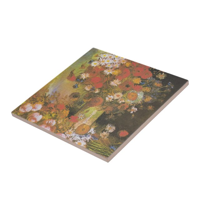 Vase with cornflowers&poppies, peonies&chrysanthem tile (Side)