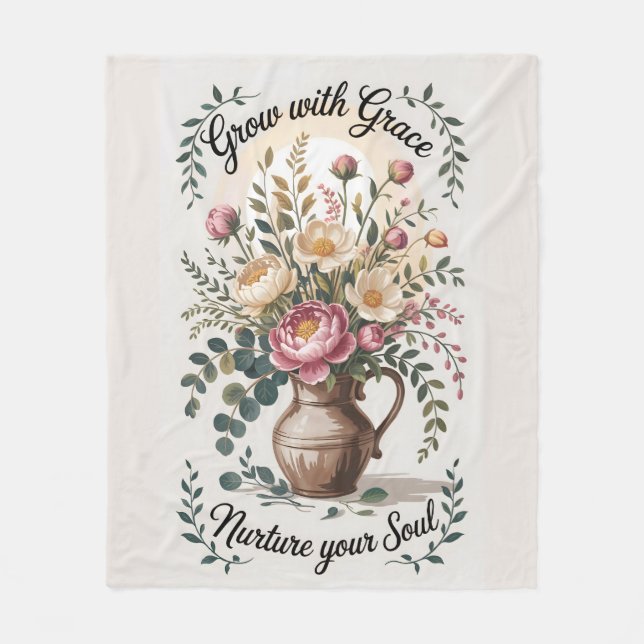 Vase with Florals Grow With Grace Quote Fleece Blanket (Front)
