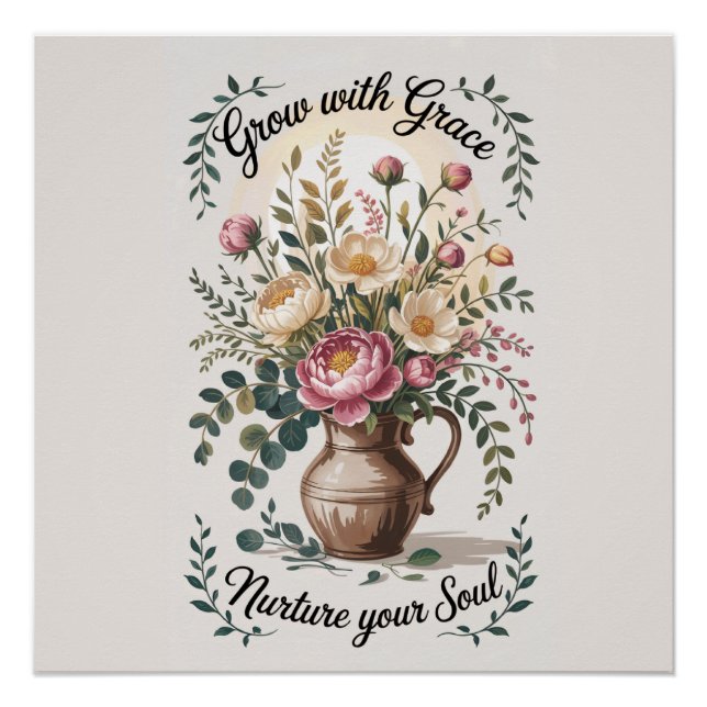 Vase With Florals Grow With Grace Quote Poster (Front)