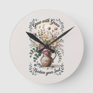 Vase with Florals Grow With Grace Quote Round Clock