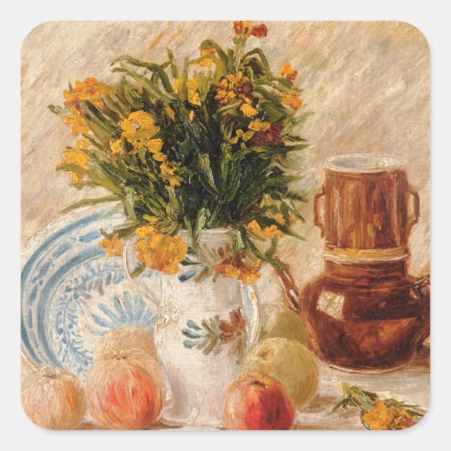 Vase with Flowers, Coffeepot and Fruit, van Gogh Square Sticker (Front)