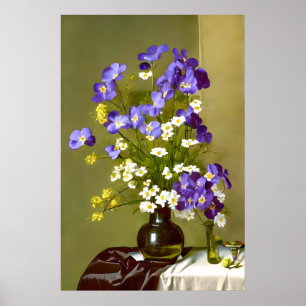 Vase with flowers, Colourful Vintage Flowers Art Poster