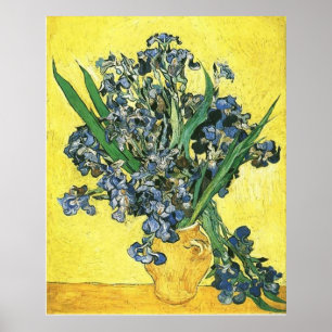 Vase with irises against yellow background poster