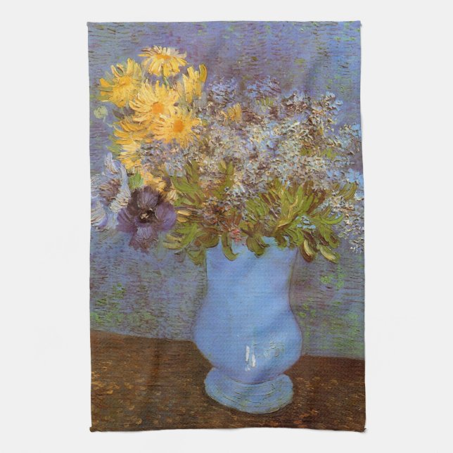 Vase with Lilacs and Daisies by Vincent van Gogh Tea Towel (Vertical)