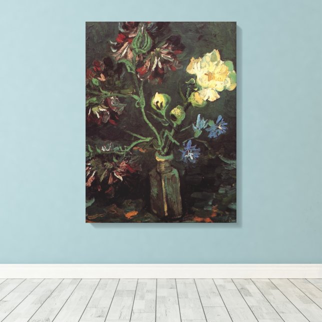 Vase with Myosotis and Peonies by Vincent van Gogh Canvas Print (Insitu(Wood Floor))
