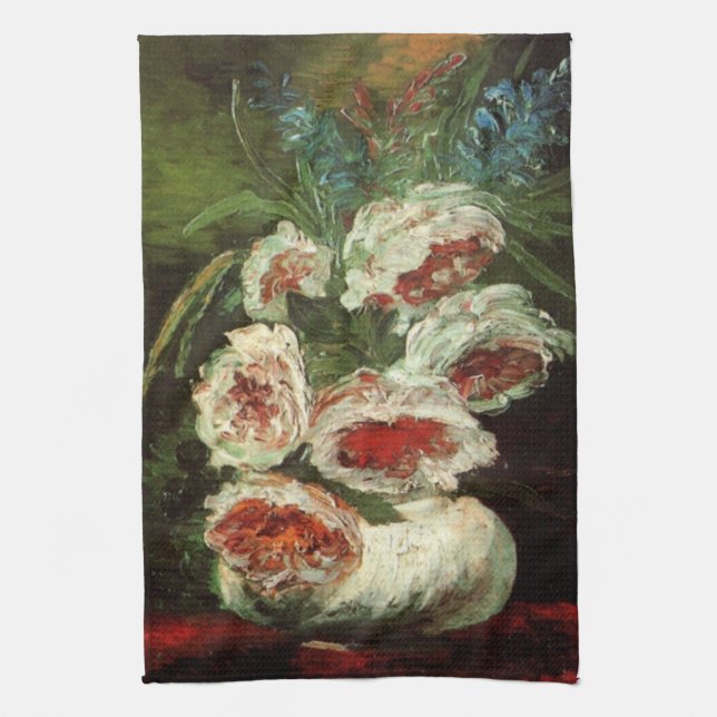 Vase with Peonies by Vincent van Gogh Tea Towel (Vertical)