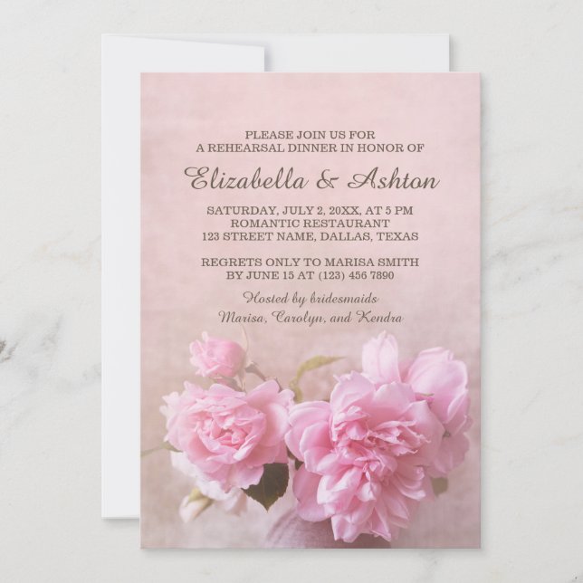 Vase with Pink Roses | Romantic Rehearsal Dinner Invitation (Front)