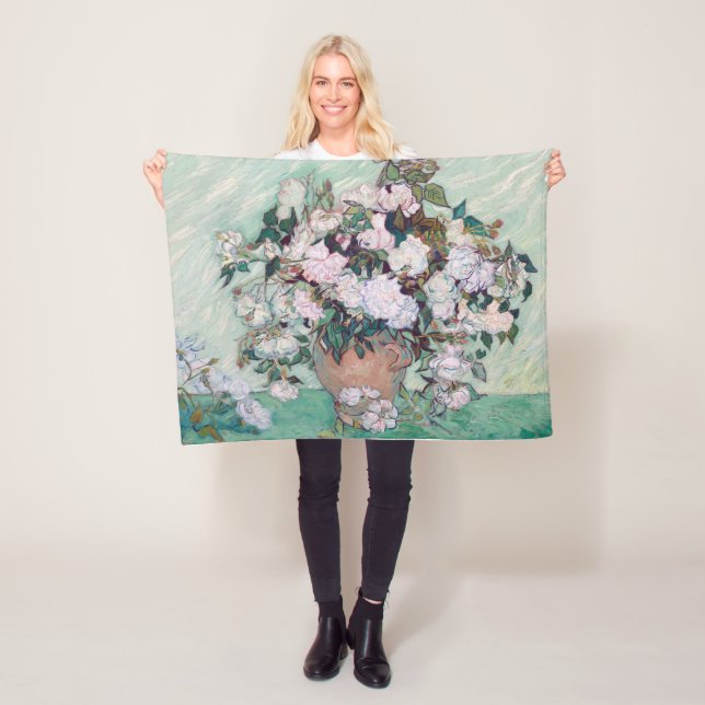 Vase with Pink Roses, Van Gogh Fleece Blanket (In Situ)