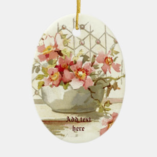 Vase with pink roses vintage watercolor ornament