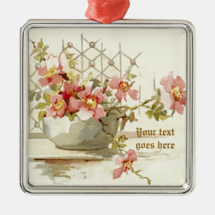 Vase with pink roses vintage watercolor ornament