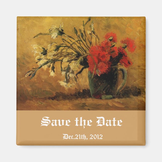 vase with red and white carnations, save the date magnet (Front)