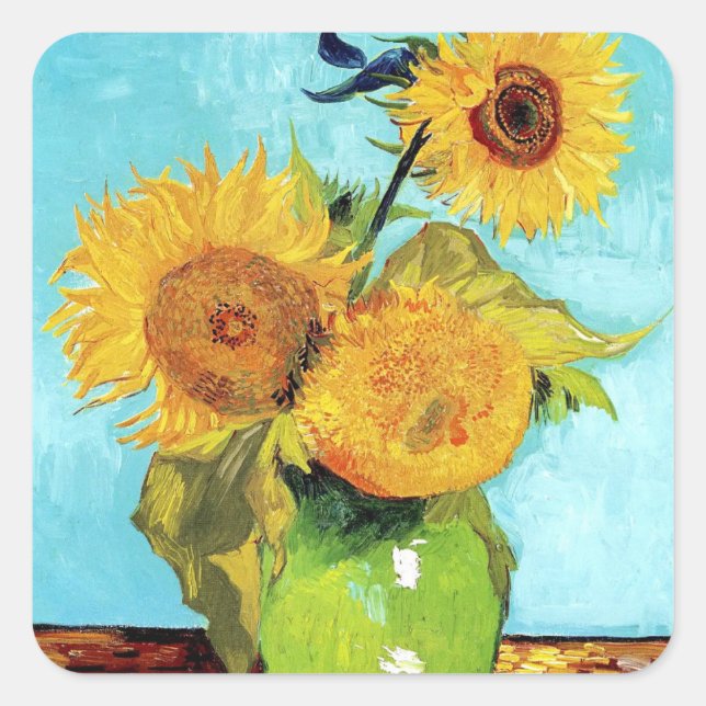 Vase with Three Sunflowers Van Gogh art paper Square Sticker (Front)