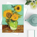 Vase with Three Sunflowers Vincent van Gogh Postcard<br><div class="desc">A postcard with the Post-Impressionist painting, Vase with Three Sunflowers, featuring bright yellow sunflowers in a vase against an aqua background. Vincent van Gogh (1853-1890), a Dutch artist used bold, intense colours to depict the sunflowers, with their yellow petals and brown centres, creating a striking contrast with the background. The...</div>
