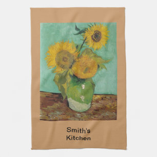 Vase with three sunflowers, Vincent van Gogh Tea Towel