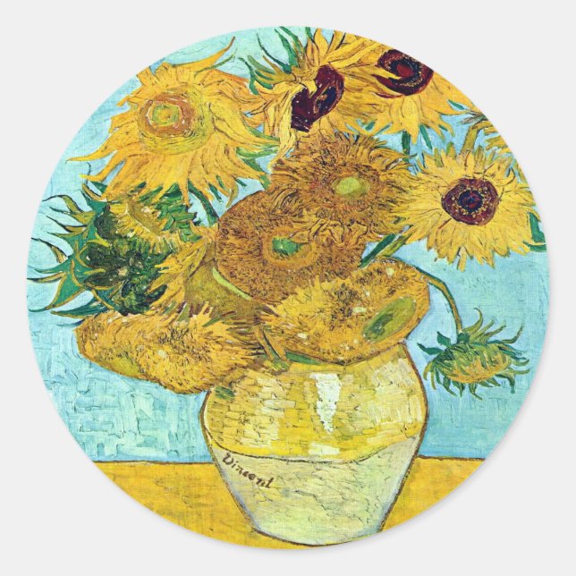 Vase With Twelve Sunflowers By Vincent Van Gogh Classic Round Sticker (Front)