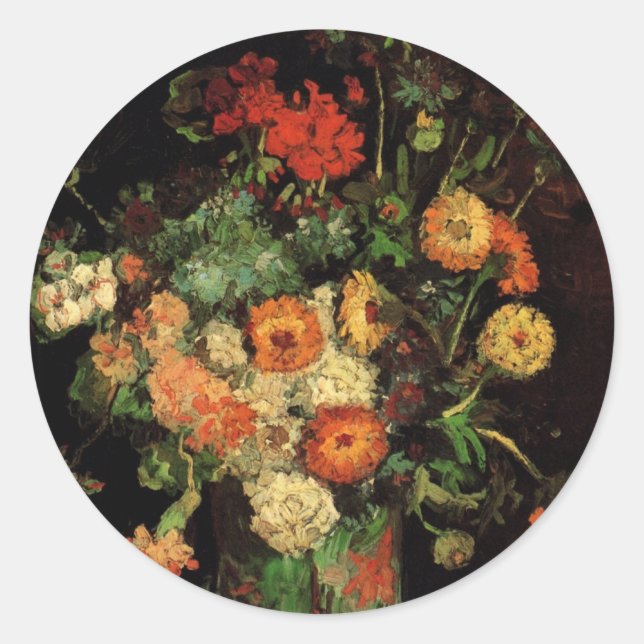 Vase with Zinnias and Geraniums, Vincent van Gogh Classic Round Sticker (Front)