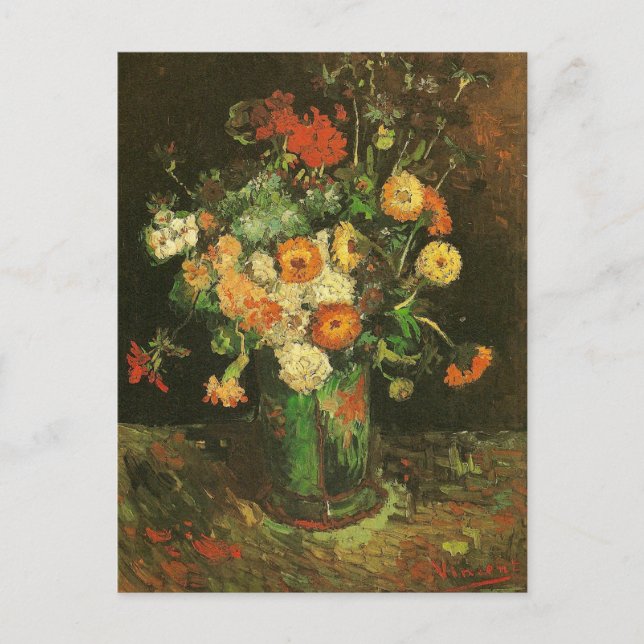 Vase with Zinnias & Geraniums Van Gogh Fine Art Postcard (Front)