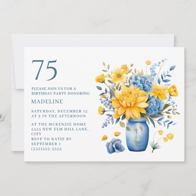Vase Yellow Blue Flowers 75th Birthday Invitation (Front)