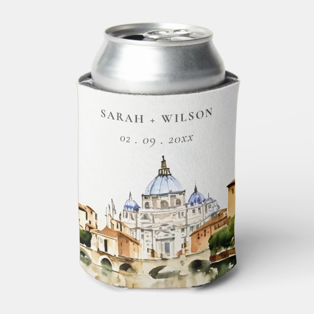 Vatican Rome Italy Watercolor Landscape Wedding Can Cooler (Can Front)