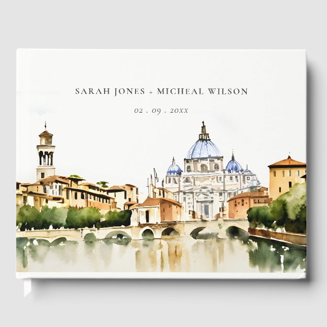 Vatican Rome Italy Watercolor Landscape Wedding Guest Book (Front)