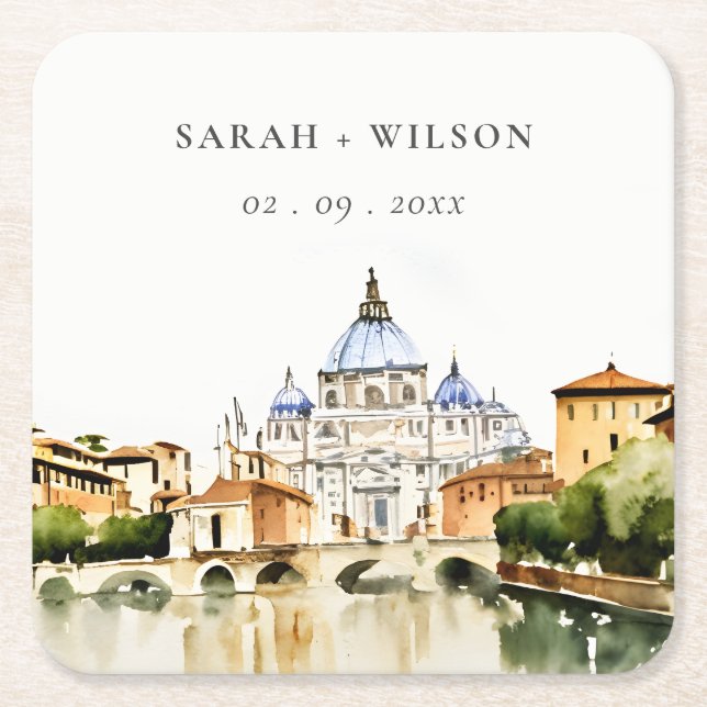 Vatican Rome Italy Watercolor Landscape Wedding Square Paper Coaster (Front)