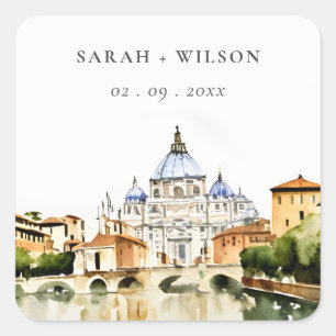 Vatican Rome Italy Watercolor Landscape Wedding Square Sticker