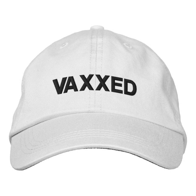 Vaxxed navy blue white custom modern typography embroidered hat (Front)