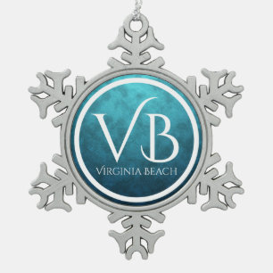 VB Virginia Beach on Blue Water Background Snowflake Pewter Christmas Ornament