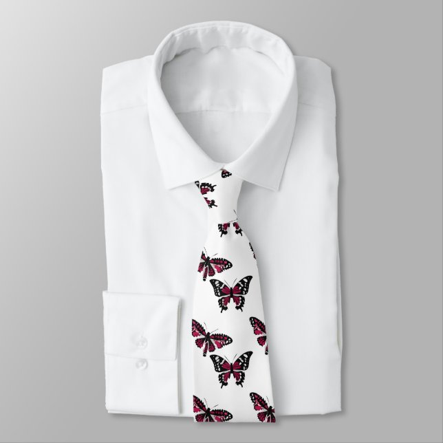 Vector Black and Pink Butterflies Pattern Tie (Tied)