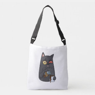 Vector black cat drinks coffee and spills past the crossbody bag